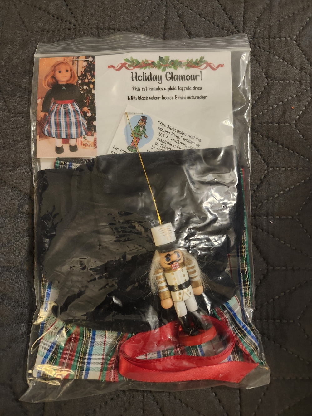 Holiday Glamour Doll Outfit with Nutcracker Ornament - Black & Red Plaid